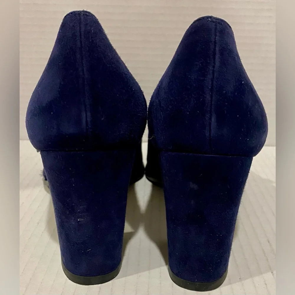 Stuart Weitzman Navy Blue Suede Tassel Block Heel Pumps